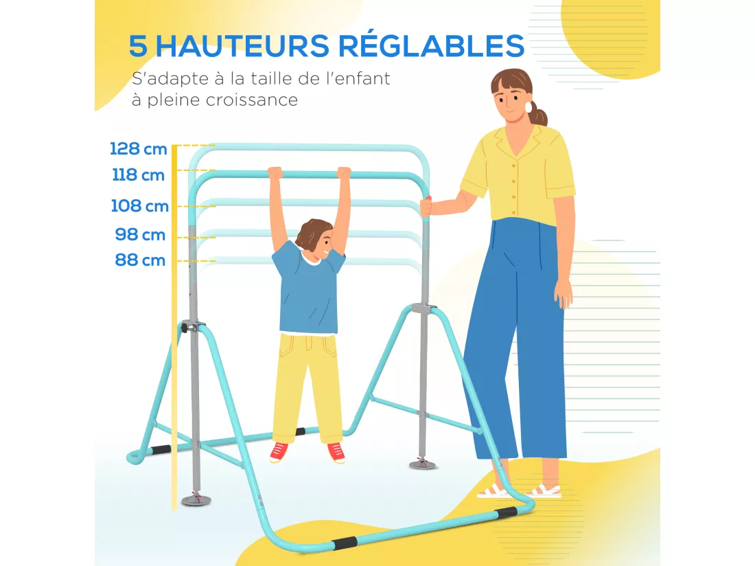 Barre fixe de gymnastique enfant - barre de gymnastique pliable hauteur réglable 4 niv. 88 à 128 cm - acier bleu ciel