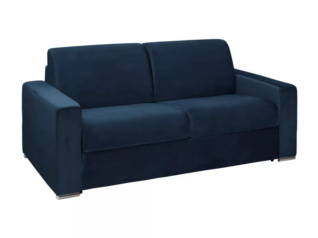 Canapé 3 places convertible express en velours bleu nuit - Couchage 140 cm - Matelas 18 cm avec mémoire de forme CALITO