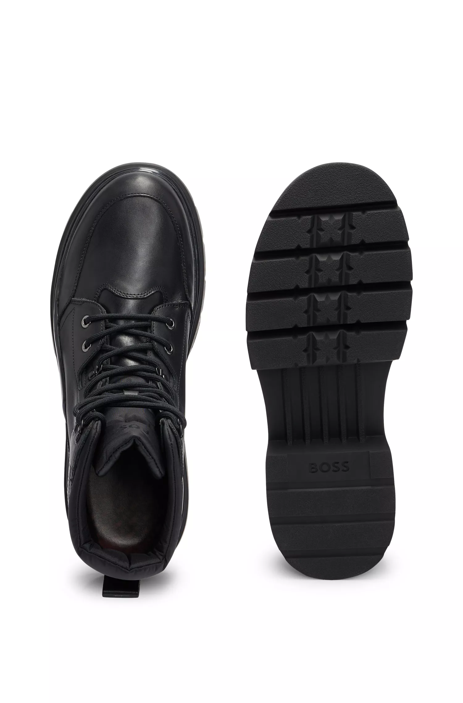 Botas de cano curto BOSS pretas e robustas em couro com detalhes do logotipo.