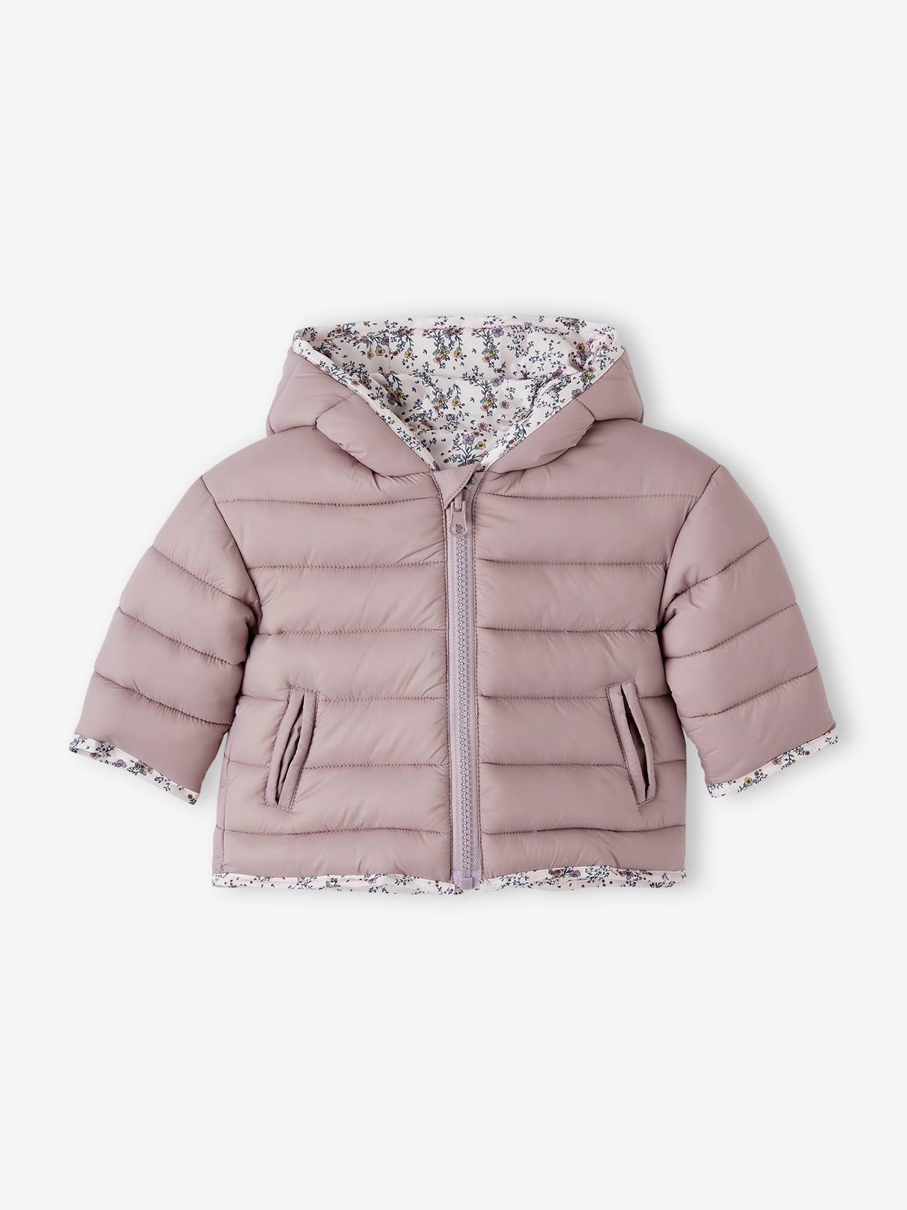 Casaco reversível acolchoado para bebê, roxo médio, liso com estampas.