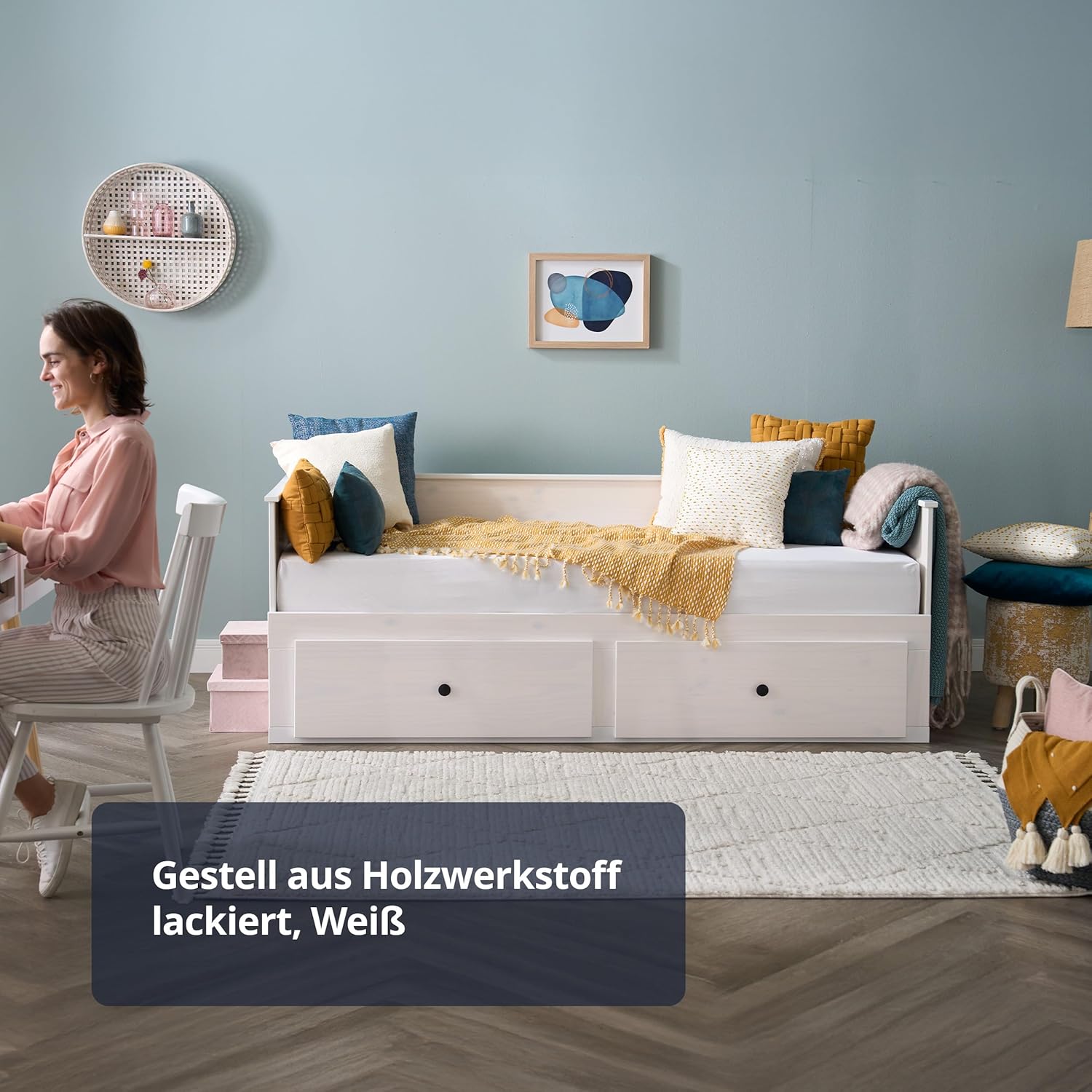 KHG Tagesbett mit Ausziehfunktion 90-180x200cm weiß integrierte Schubkästen mit Lattenrost Holzwerkstoff moderner Landhaus-Charme