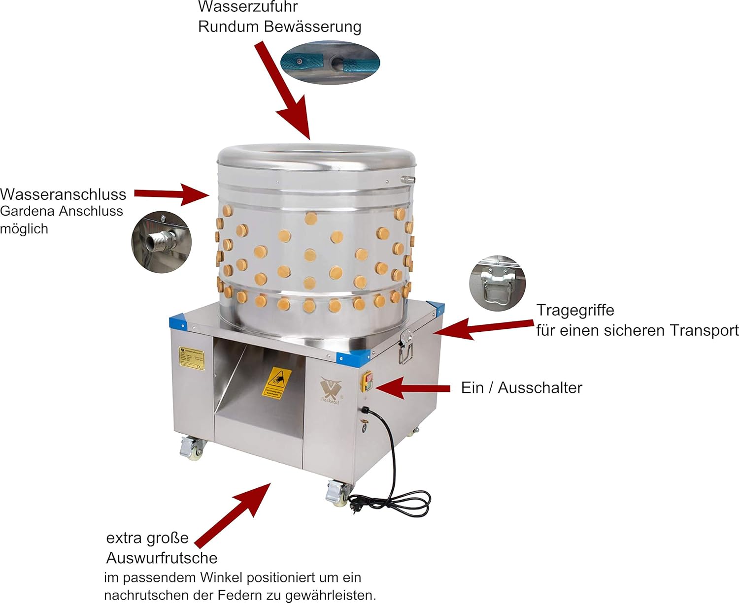 Beeketal 'BRM1800' Geflügelrupfmaschine auf Rollen für Hühner, Enten, leichten Gänsen und Puten, Nassrupfmaschine Kapazität: ca. 250 Geflügel pro Stunde (max. 8 kg Belastung oder 5 kg pro Tier)