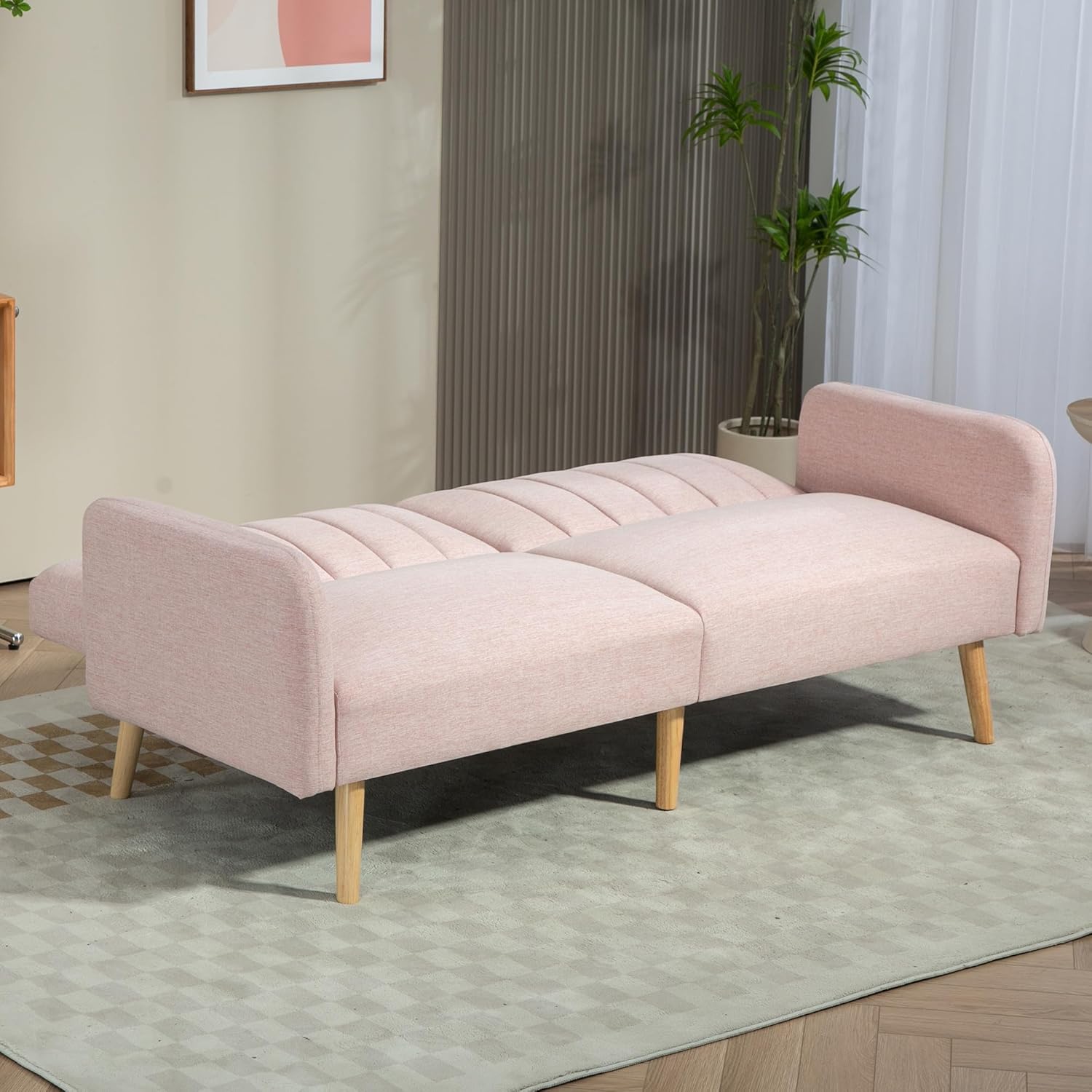HOMCOM 2-Sitzer-Convertible-Sofa Skandinavisches Design Rückenlehne verstellbar 3 Positionen Füße Holz Stoff Leinenoptik Rosa