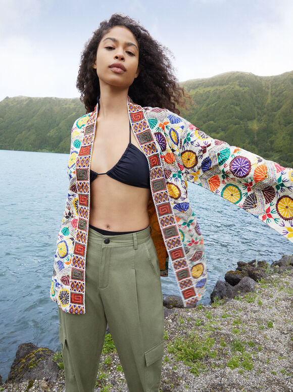 Quimono estampado com miçangas - Multicolorido