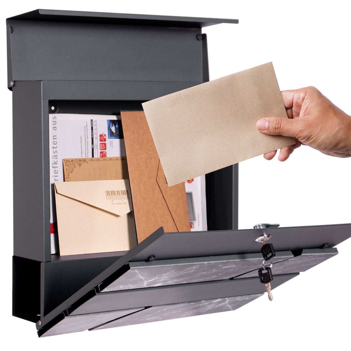 ML-Design Brievenbus 37x36,5x11 cm Antraciet/Zwart Marmerlook, Staal, Brievenbus met krantenvak, Slot, 2 sleutels, Moderne Design Wandbrievenbus met krantenrol, Brievenbus voor Wandmontage