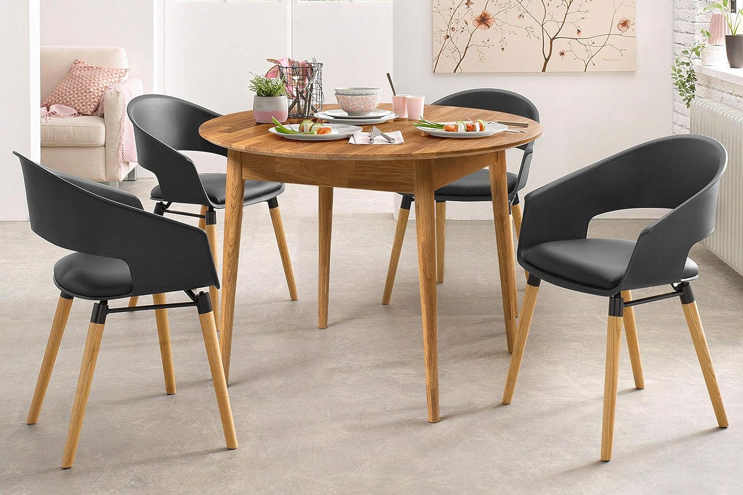Esstisch Scandi 5 (rund, ausziehbar) • Tisch für Küche, Esszimmer & Wohnzimmer • Massivholz (Eiche) • Eiche Natur • Runder Ausziehtisch (110-145 x 110 x 75 cm)