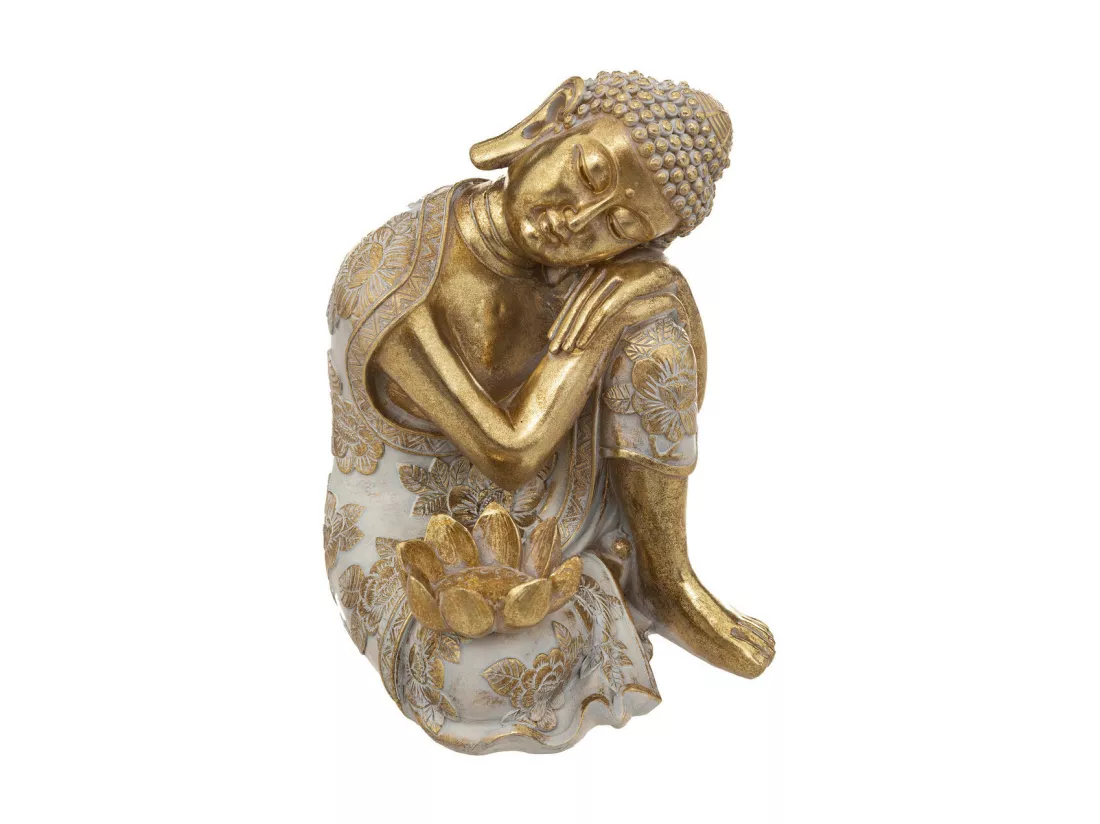 Statue décorative Bouddha en résine Dorée motifs en relief H 23 cm