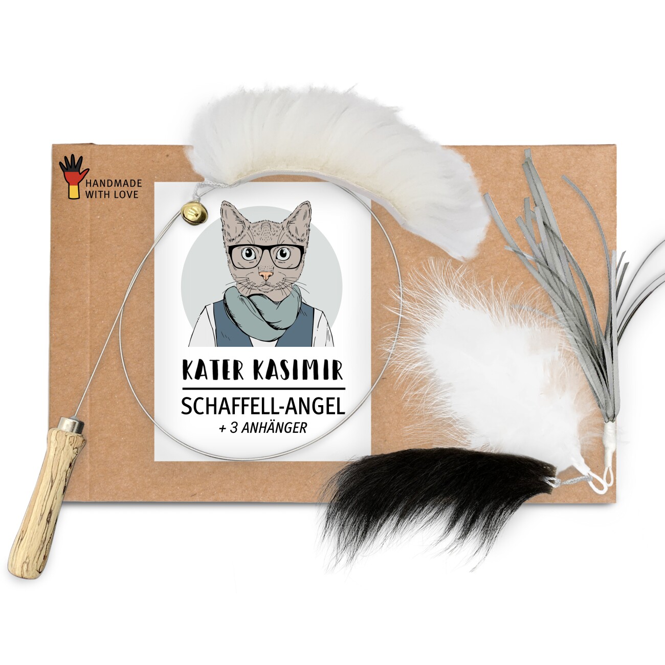 Kater Kasimir Katzenangel-Set mit 4 handgemachten Anhängern aus Naturmaterial