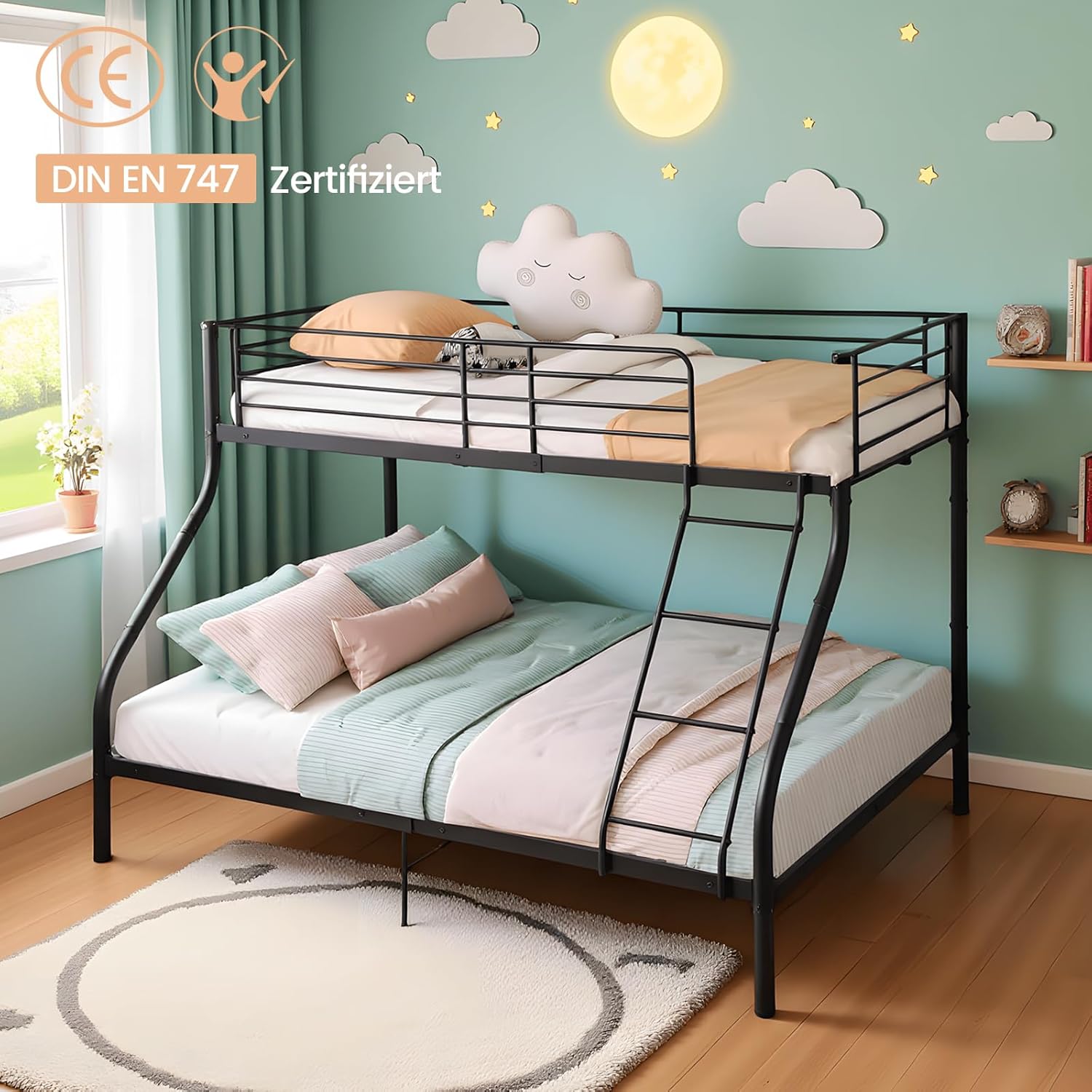 H.J WeDoo Kinderbett Etagenbett Metall 140x200cm 90x200cm Stockbett Hochbett Metallbett Bettgestell Doppelstockbett Schlafzimmerbett Jugendbett mit Lattenrost, Schwarz