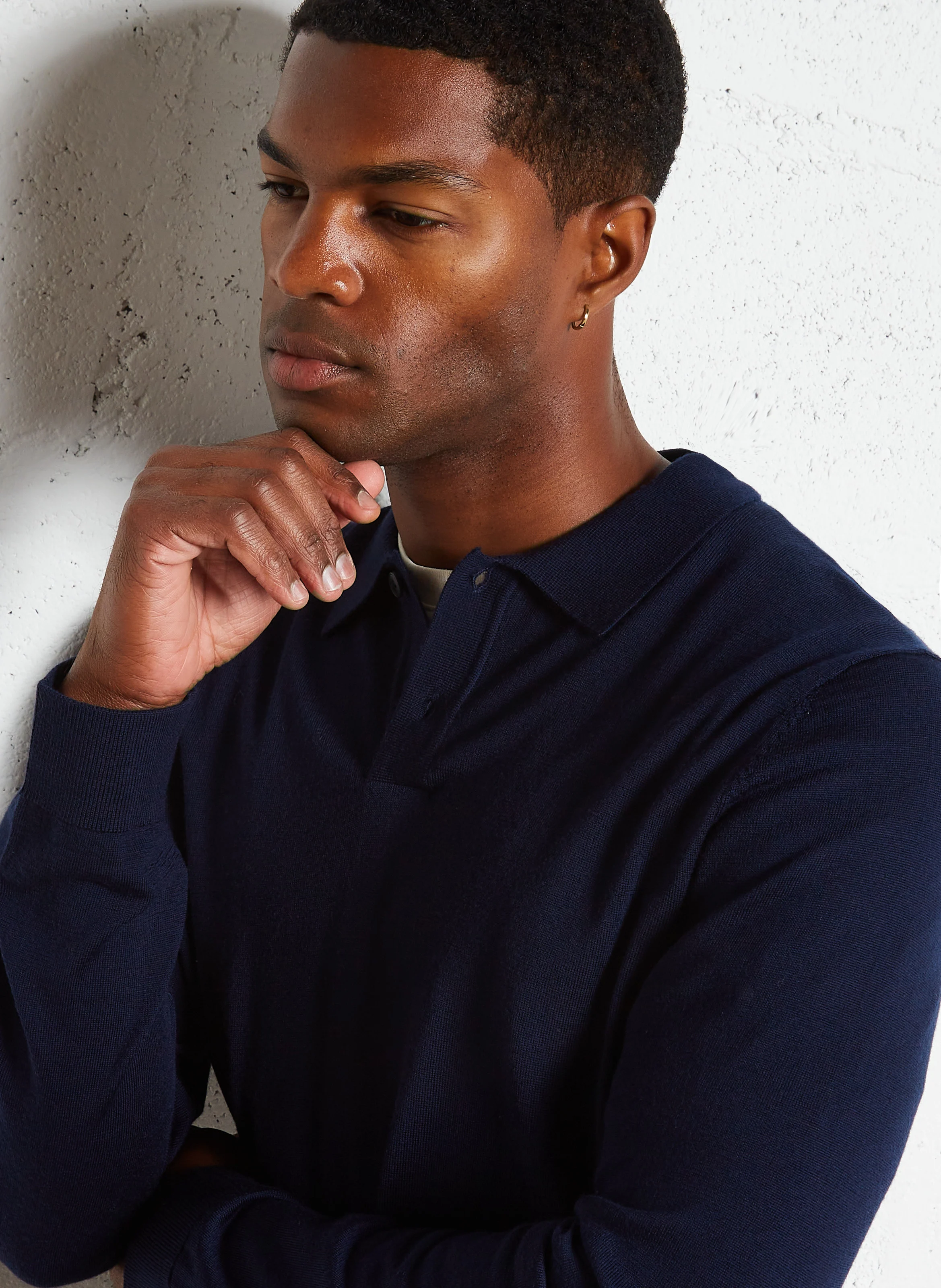 TRAY - Pull droit col polo en laine mérinos | Bleu