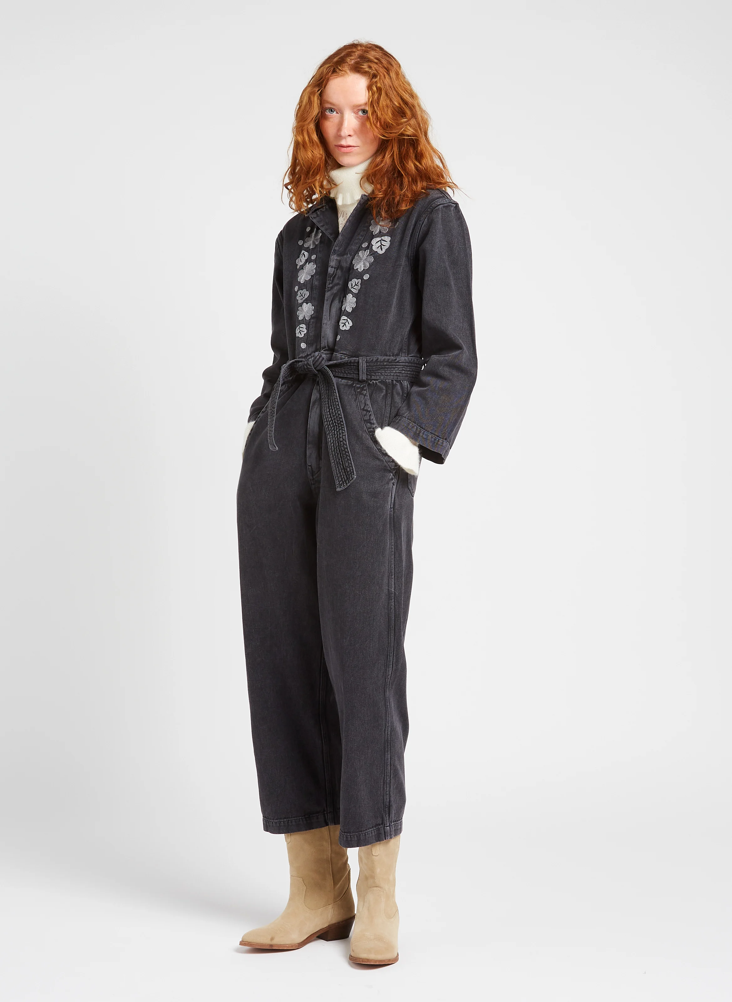 SYLVYNE - Combinaison col classique en jean | Gris