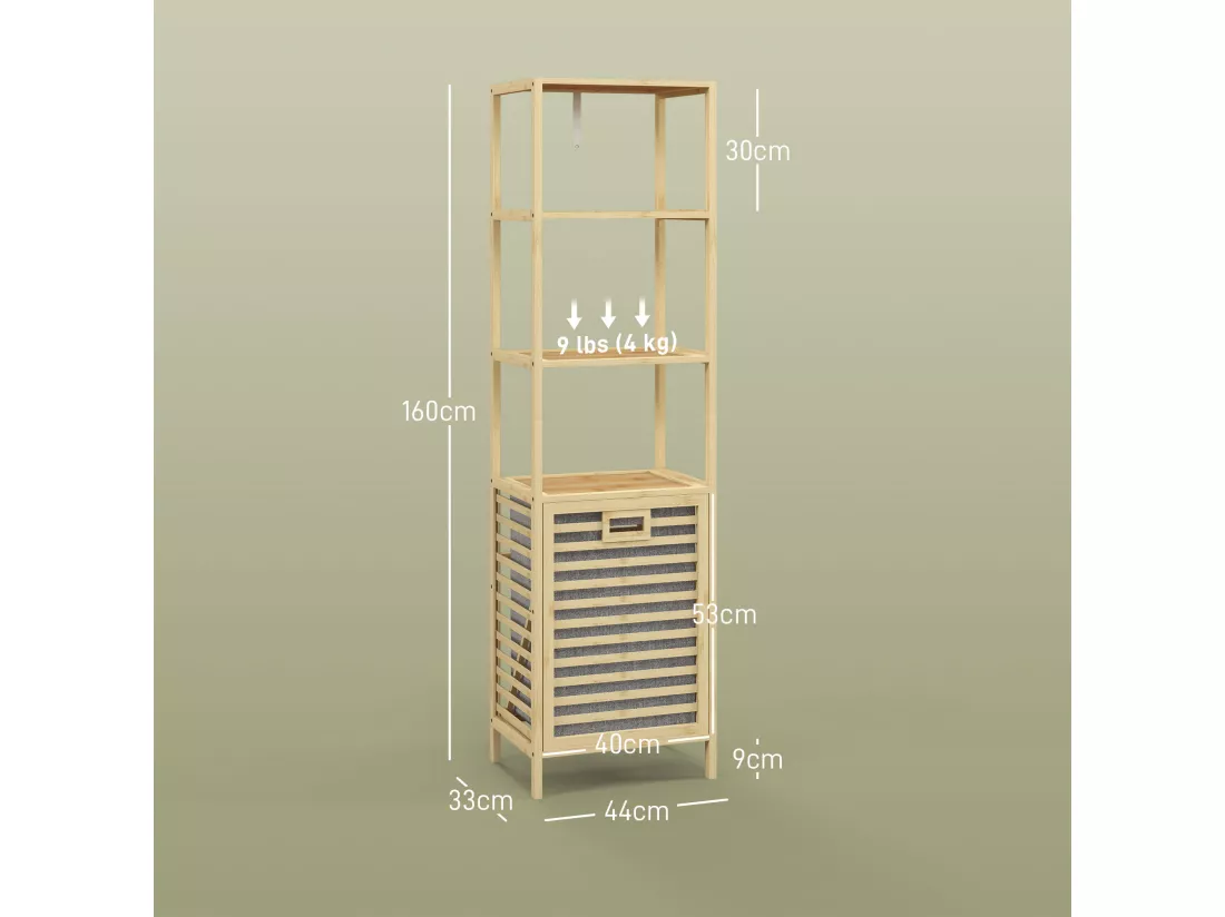 Meuble colonne salle de bain - 3 étagères, panier à linge amovible - tissu gris bambou verni