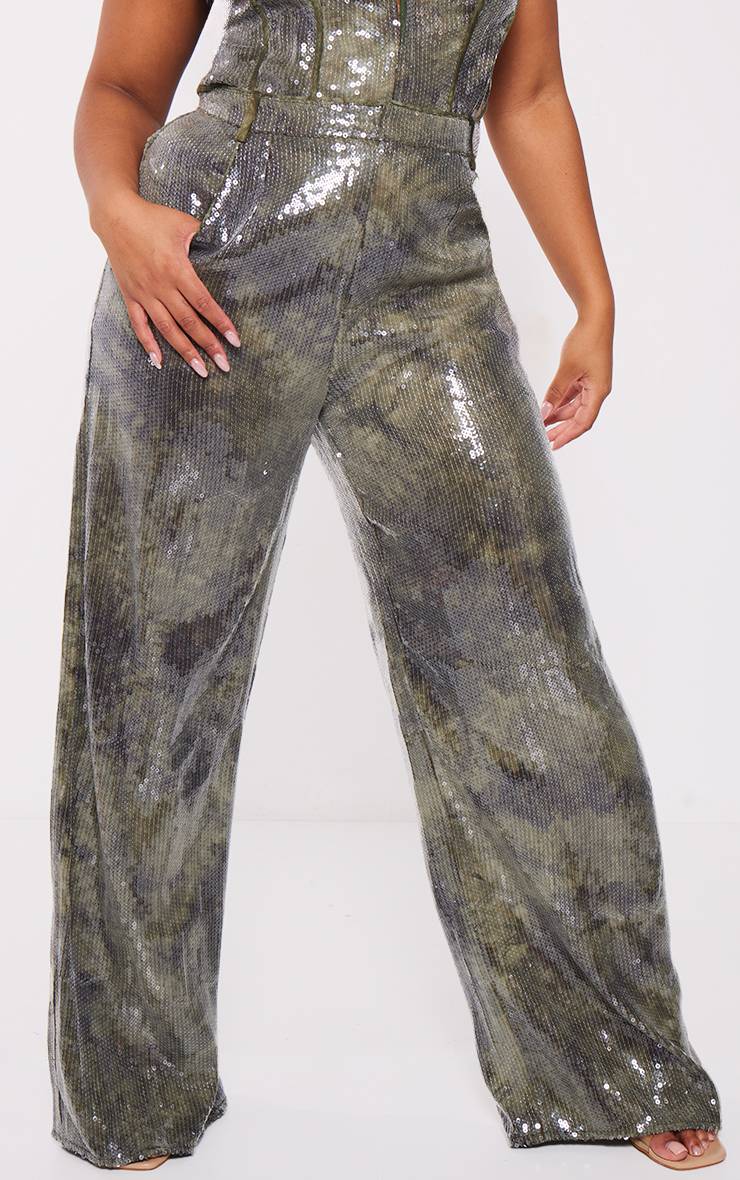Kaki Pantalon Large À Paillettes Grande Taille
