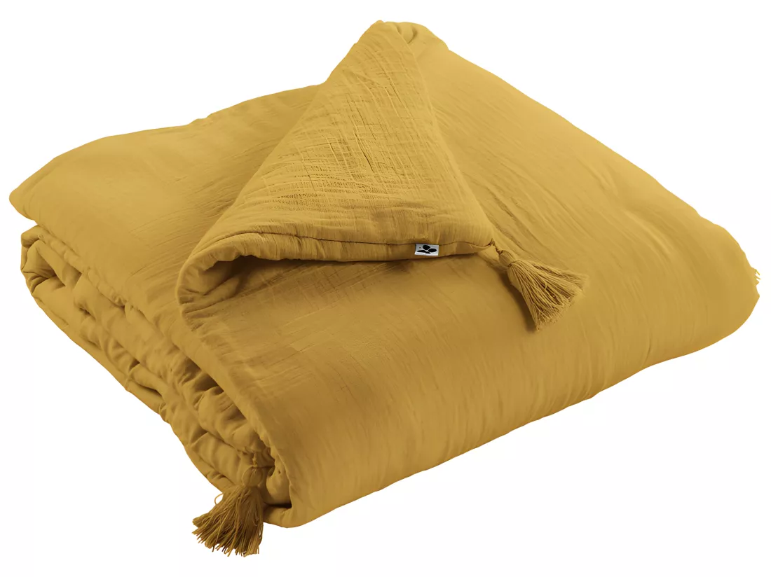 Édredon 90 x 200 cm en gaze de coton jaune avec 4 pompons - PEPA