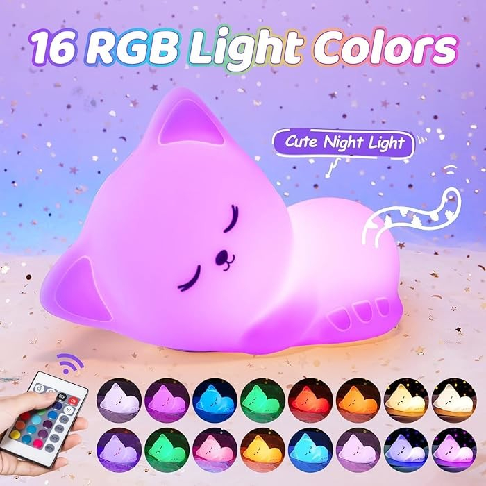 USB Silikon Katze Kinder Nachtlicht LED Tisch Lampe mit Touch Funktion   Fernbedienung - Weiss