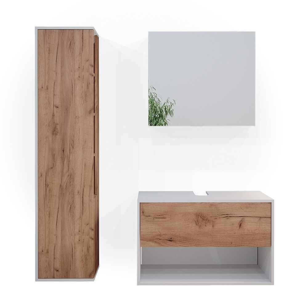 Vicco Badmöbelset Waschtischunterschrank Spiegelschrank Hochschrank Kate Weiß Eiche Badmöbel