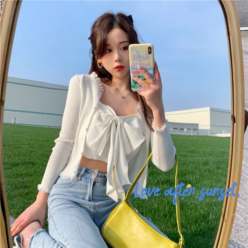 Dute - Cropped Cardigan / Cropped Camisole Top met Strik aan de Voorkant