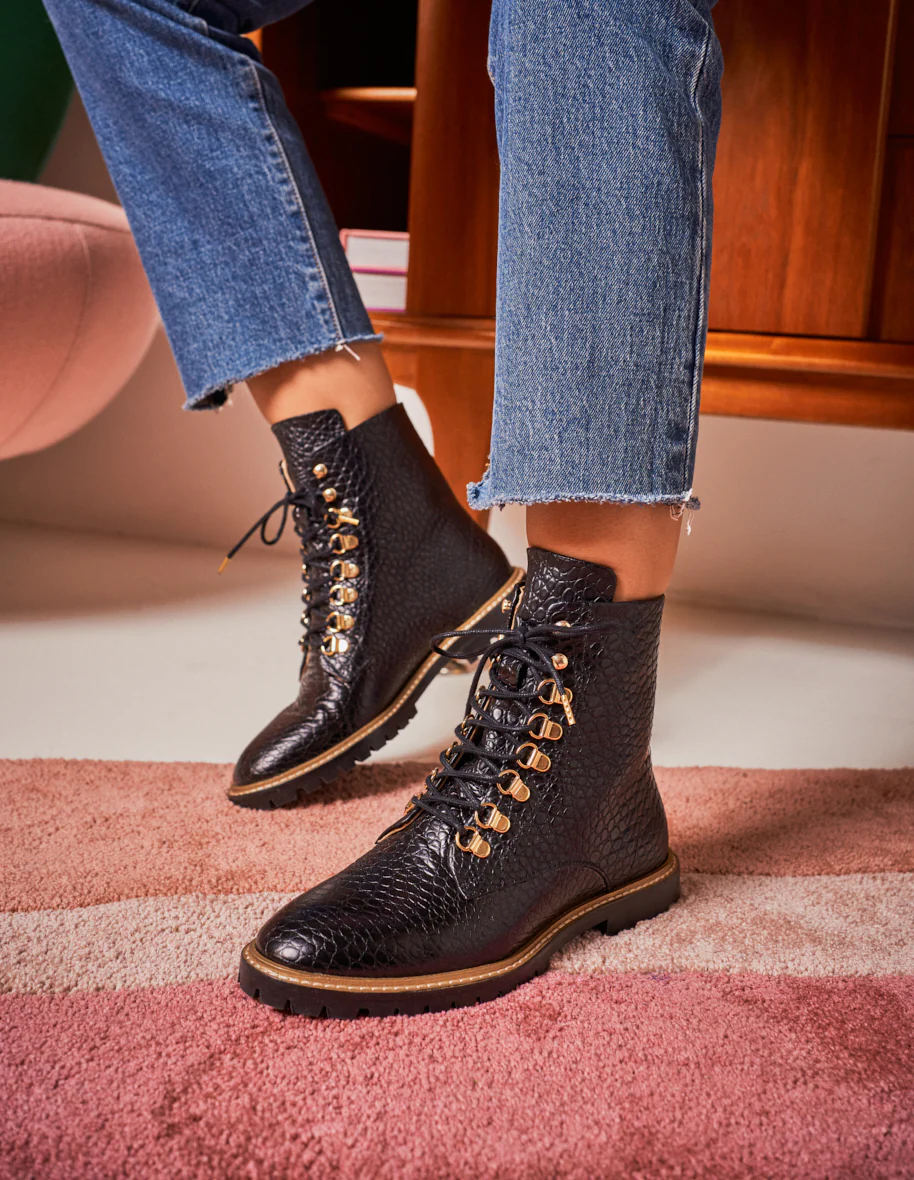 Bottines à lacets Alix - Cuir Croco Noir