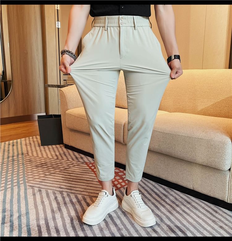 Lefitt - Effen cropped rechte broek met elastische taille