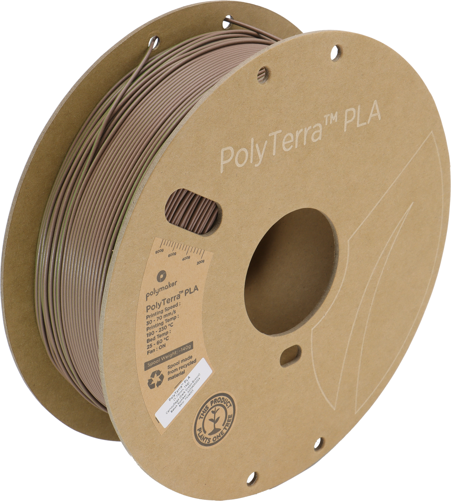 Polymaker  PolyTerra PLA Dual Camouflage Dark Green-Brown, 1,75 mm / 1000 g    Umweltfreundliches, zweifarbiges PLA-Filament mit mattem Finish