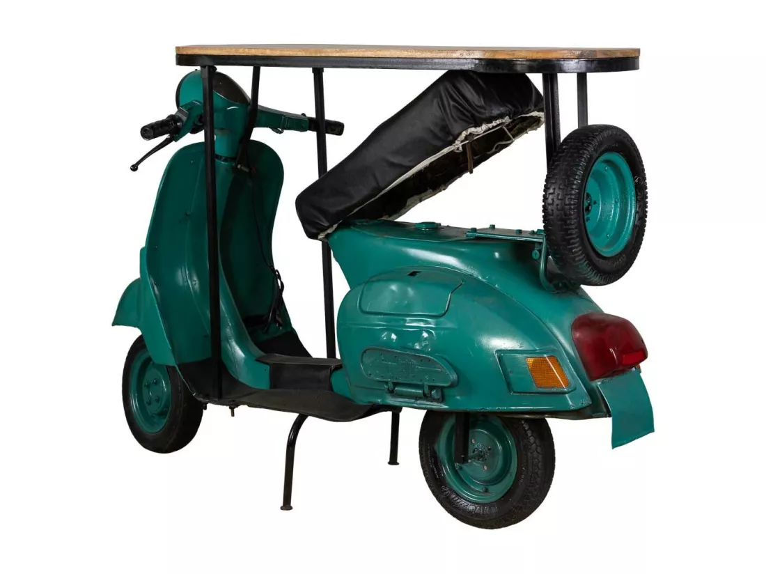 Barre porte-bouteilles moto vespa en métal et bois bleu 185x66x115h