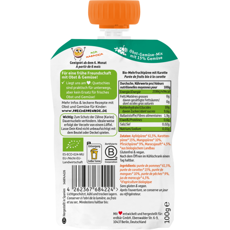 Freche FreundeFreche Freunde   Bio Quetschie Apfel Mango Pfirsich Maracuja und Karotte