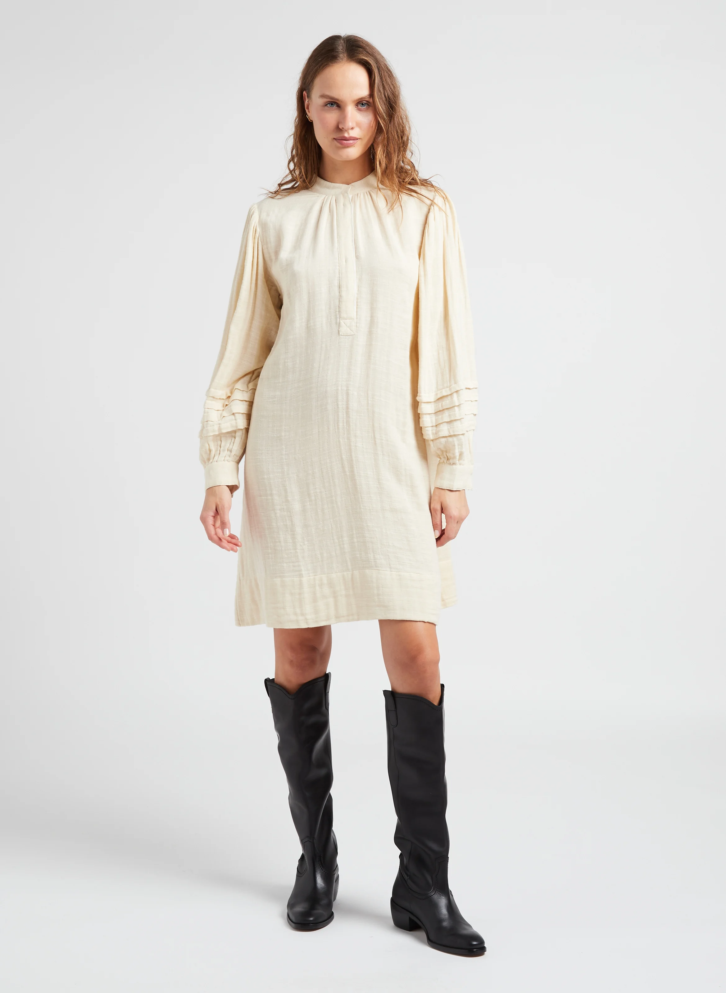 PREETI - Robe mi-longue col rond en coton| Beige