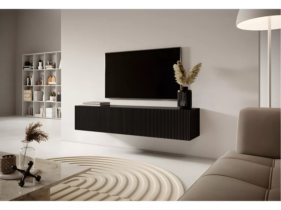 Meuble TV 140 cm noir avec façade fraisée - VELDIO