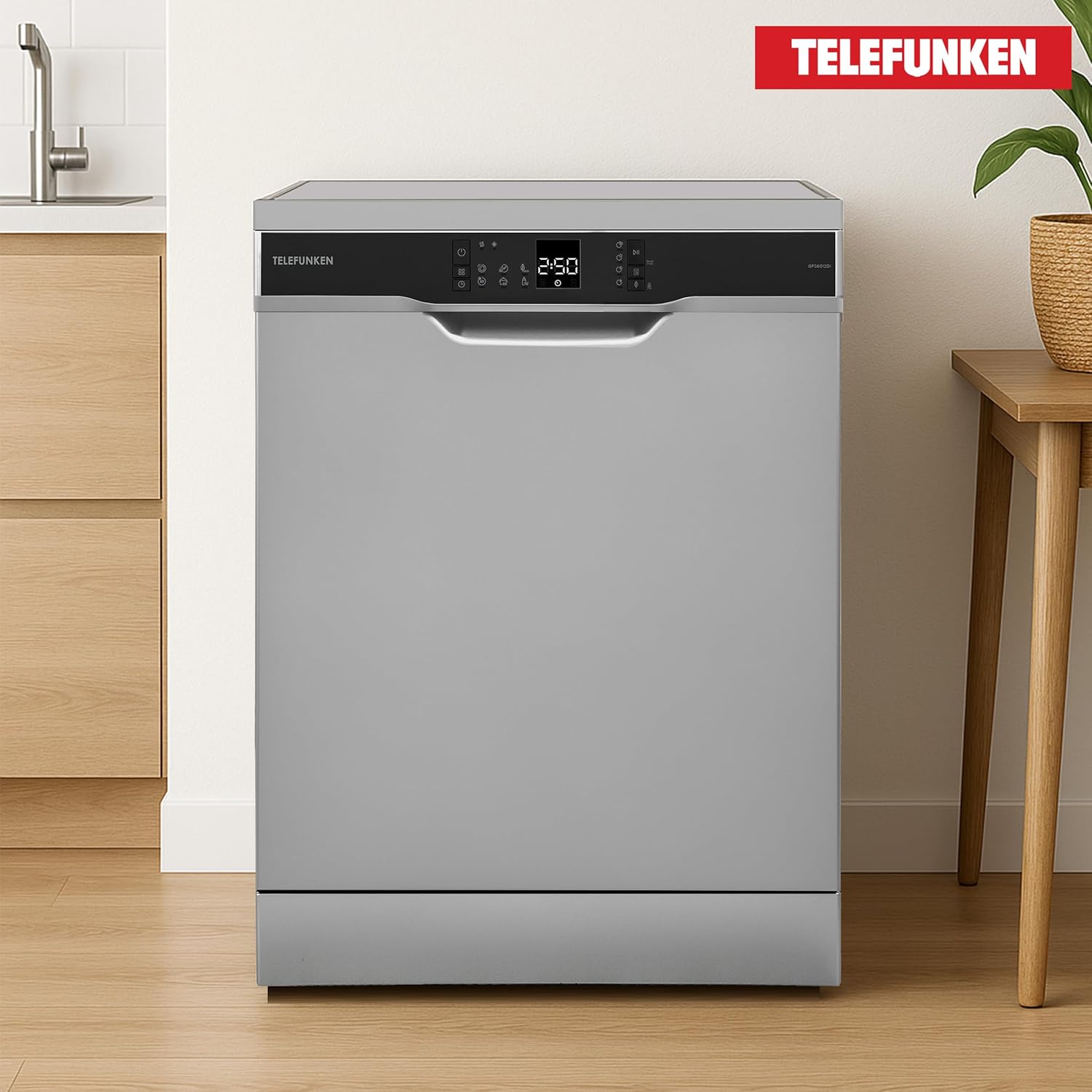 Telefunken Geschirrspüler freistehend 60 cm, Spülmaschine Silber, 12 Maßgedecke, 6 Programme, AquaStop, Startzeitvorwahl, leise 45 dB, Speed-Wash, Eco, höhenverstellbar, Besteckkorb, GFS6012DI