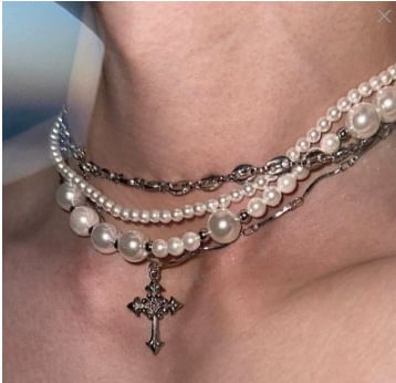 darcicon - Kruis imitatie parel gelaagde ketting / lange ketting
