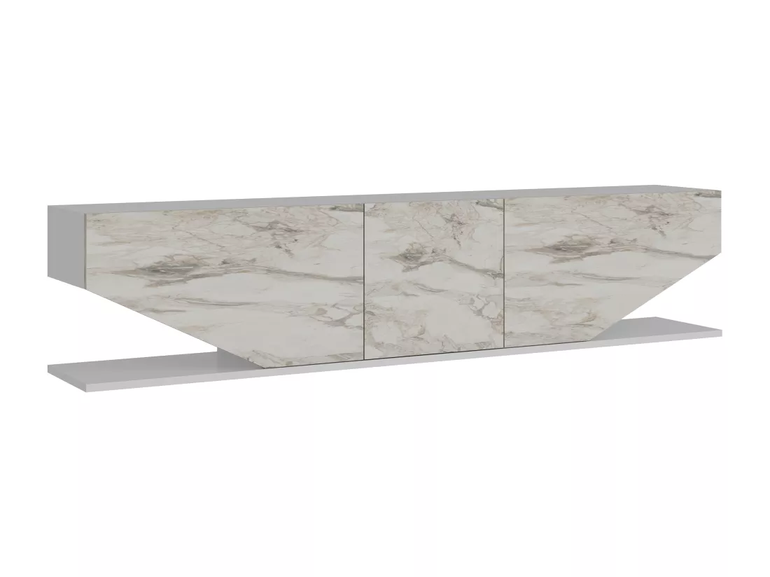 Meuble TV Pearl de 180 cm avec des armoires en style ailes (Blanc et Effet marbre blanc)