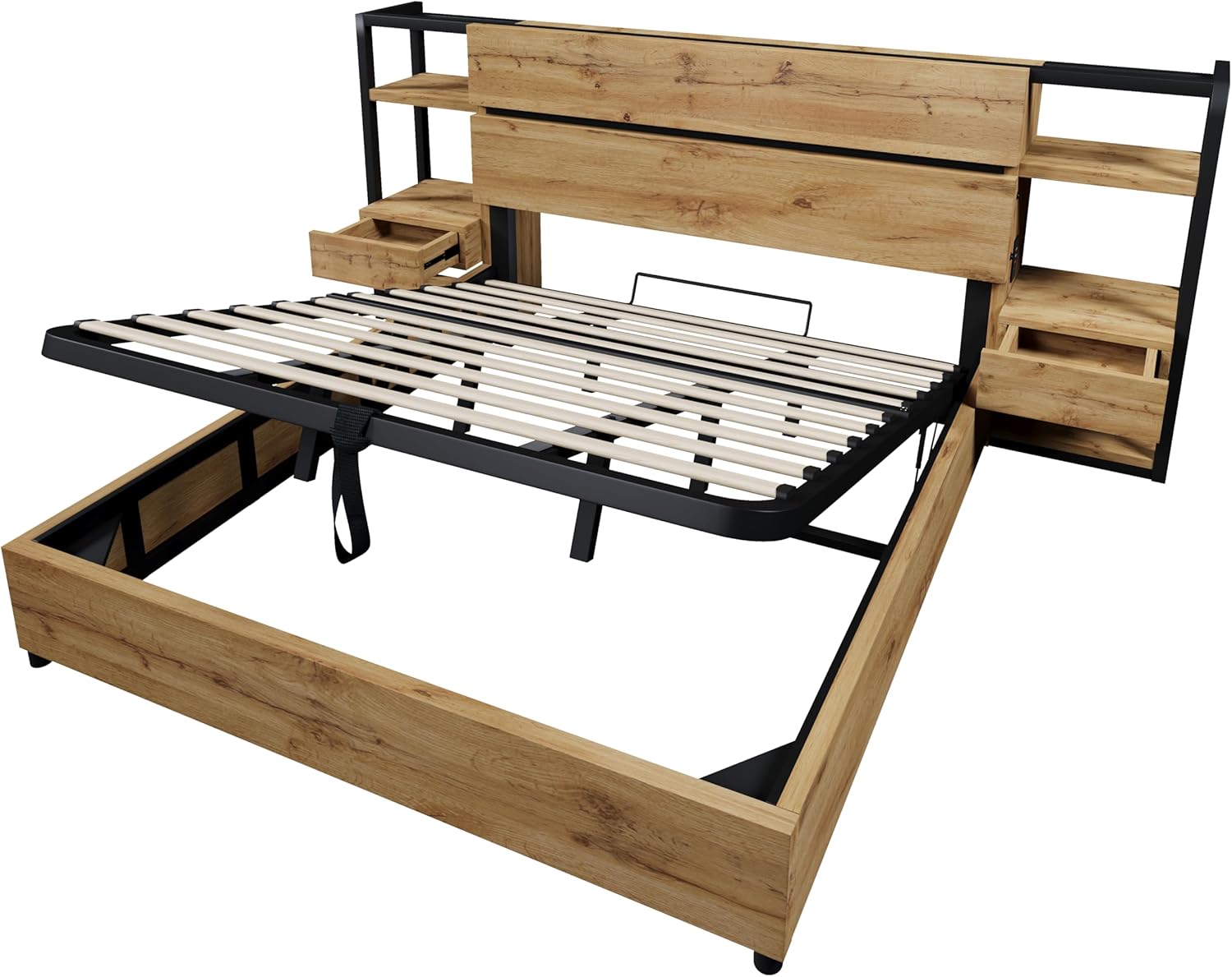 Doppelbett Bettanlage 180x200 mit Nachttisch,Stauraum Kopfteil mit Schubladen und USB Type-C-Ladefunktion,Hydraulisch Stauraumbett Holzbett Bettgestell Jugendbett Erwachsenenbett,Ohne Matratze,Eiche