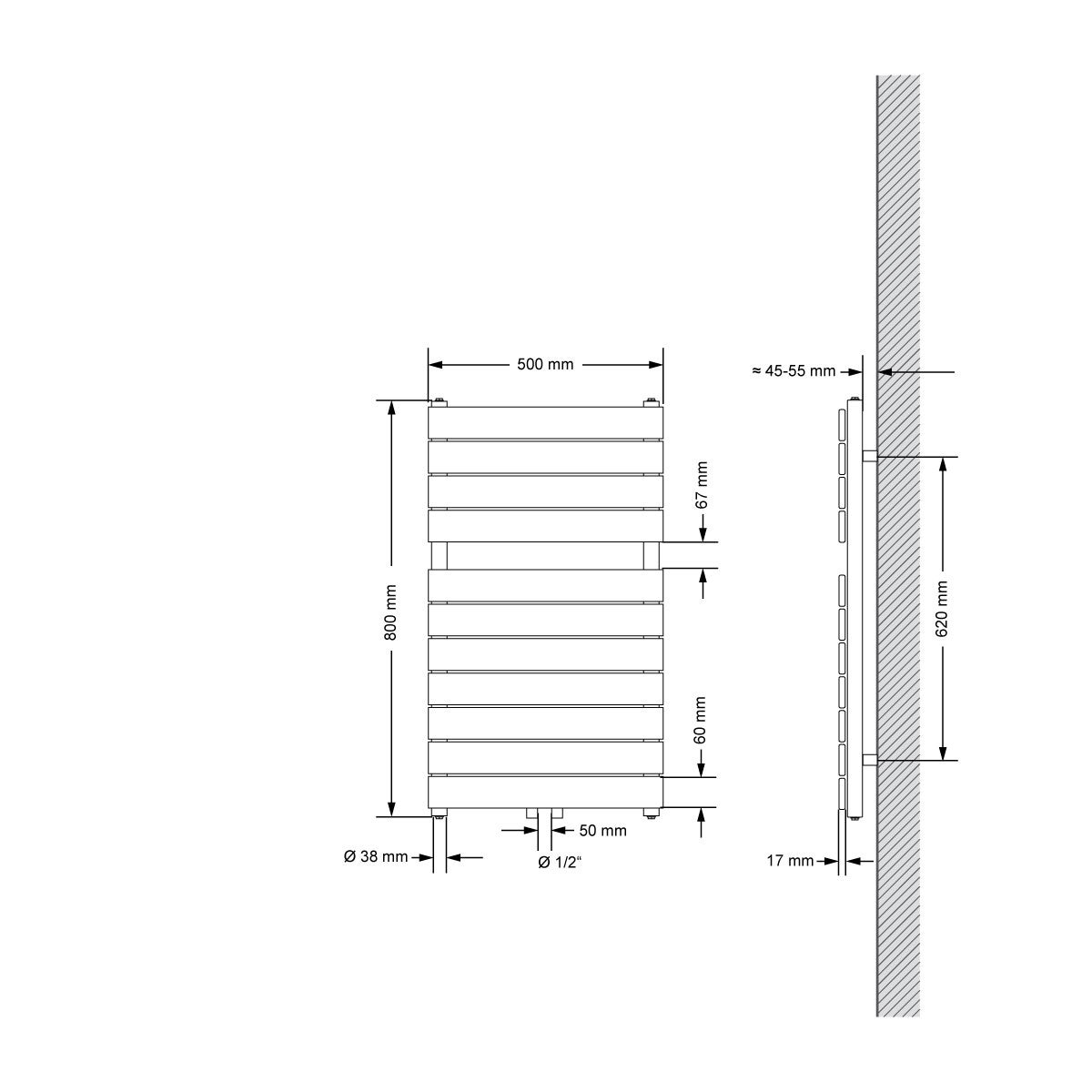 LuxeBath Badkamerradiator Stoom 500x800 mm Mat Zwart, 50 mm Middenaansluiting, Enkellaags, Plat, Verticaal, Designradiator Handdoekverwarmer Handdoekdroger Handdoekradiator Paneelradiator Verwarming