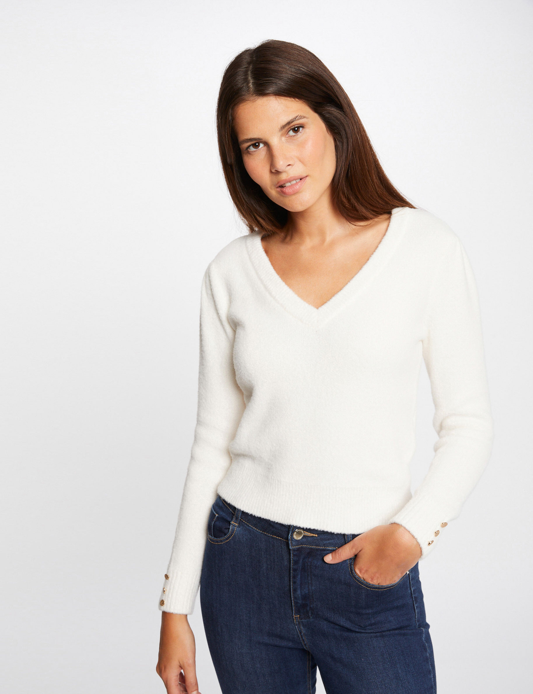 Pull manches longues avec col en V ivoire femme - ivoire