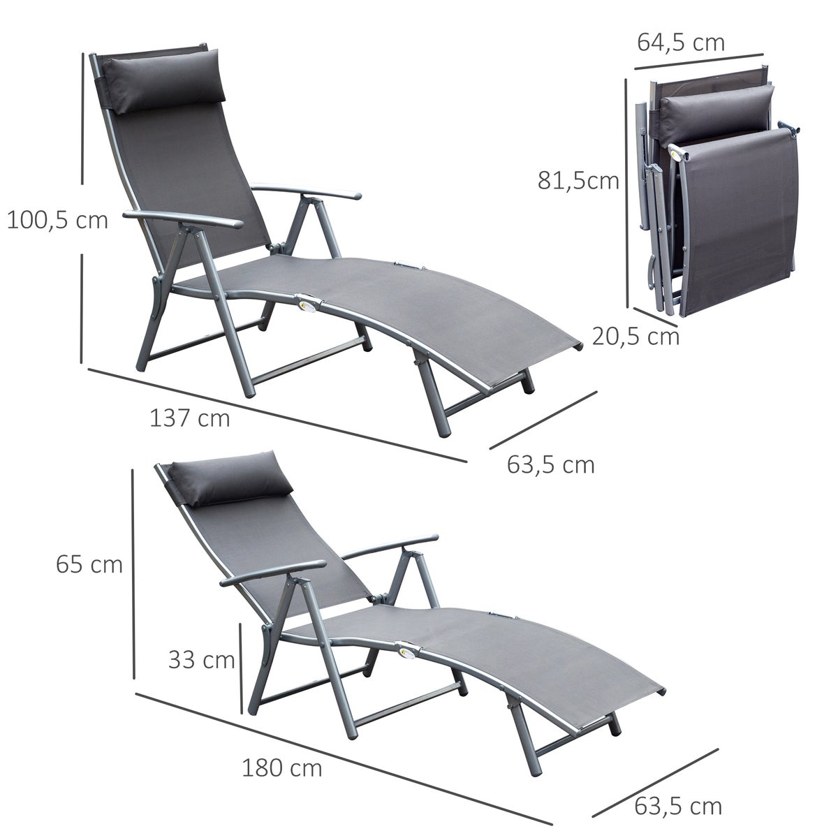 Outsunny ligstoel, strandligstoel, opvouwbaar, verstelbaar, met kussen, 137 x 63,5 x 100,5 cm, metaal, stof, grijs