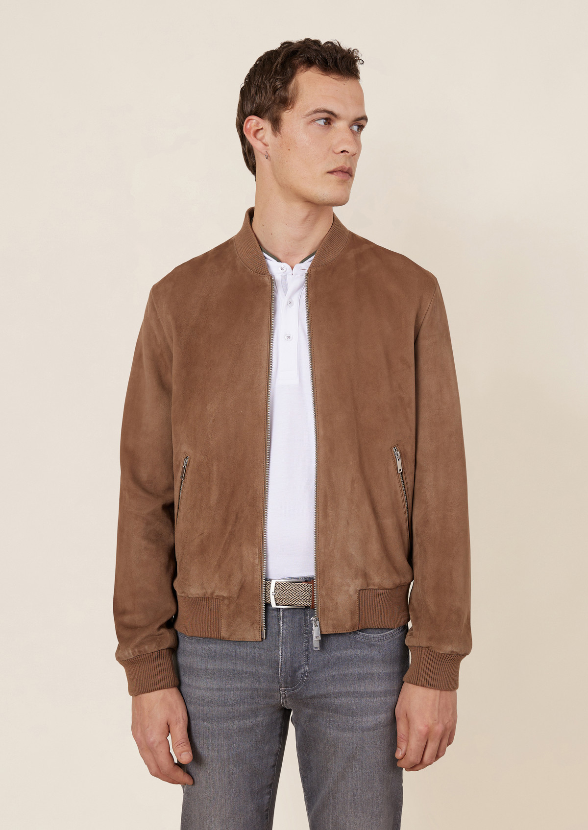 Blouson Teddy en cuir nubuck taupe