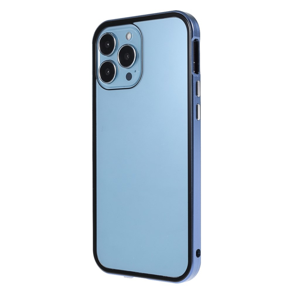 iPhone 13 Pro Magnetische Alu Schutzhülle mit Panzer Glas Backcover   Privacy Glas Displayschutz (Magnet-Technologie) - Blau