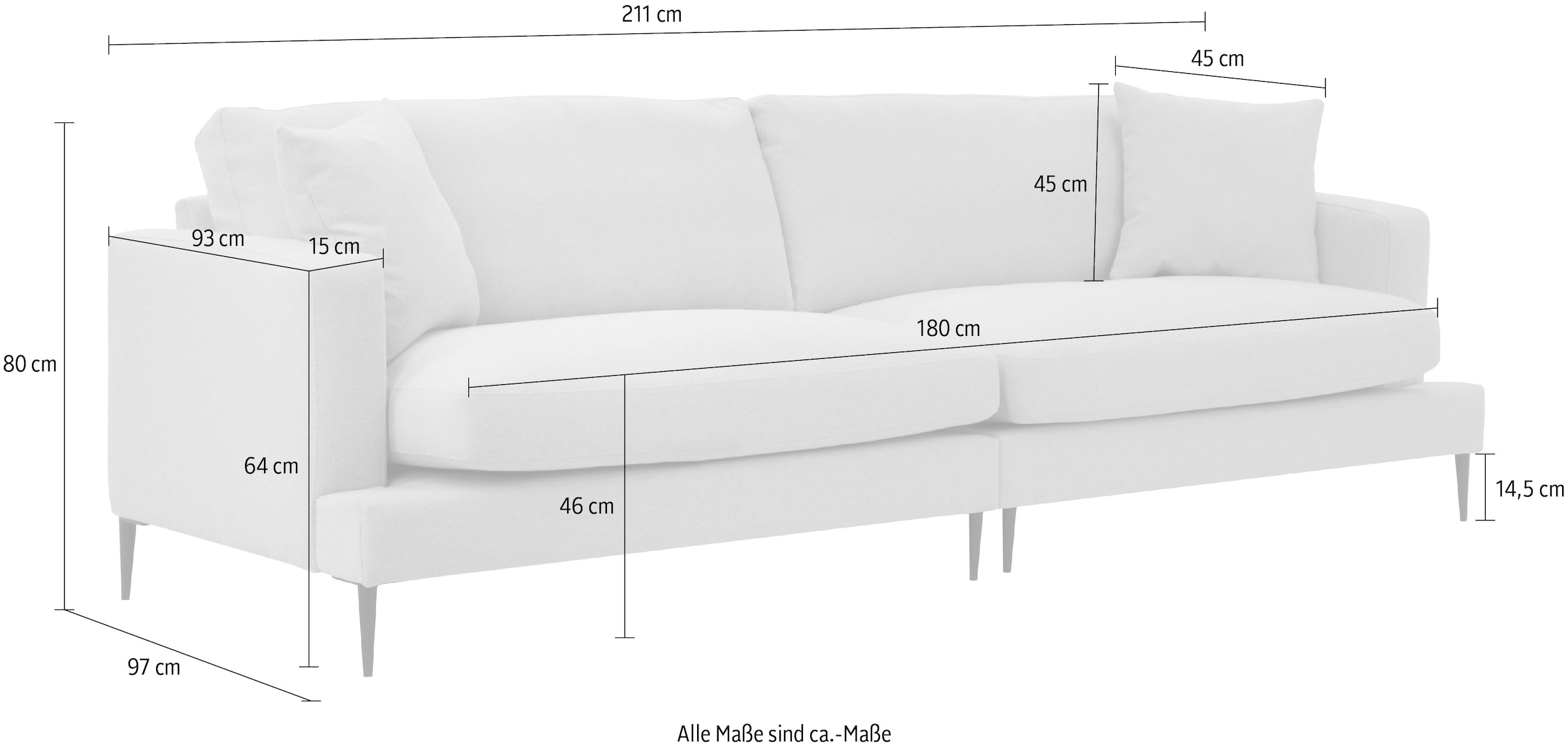 Home affaire 3-Sitzer »Cozy elegantes Designsofa, Masse B/T/H: 211/97/80 cm« mit losen Kissen und Metallbeinen
