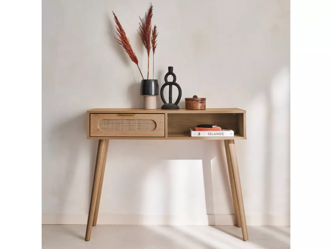 Console décor bois et cannage arrondi . Eva. 1 tiroir. 1 niche. pieds scandinaves. L 100 x l 29 x H 81cm
