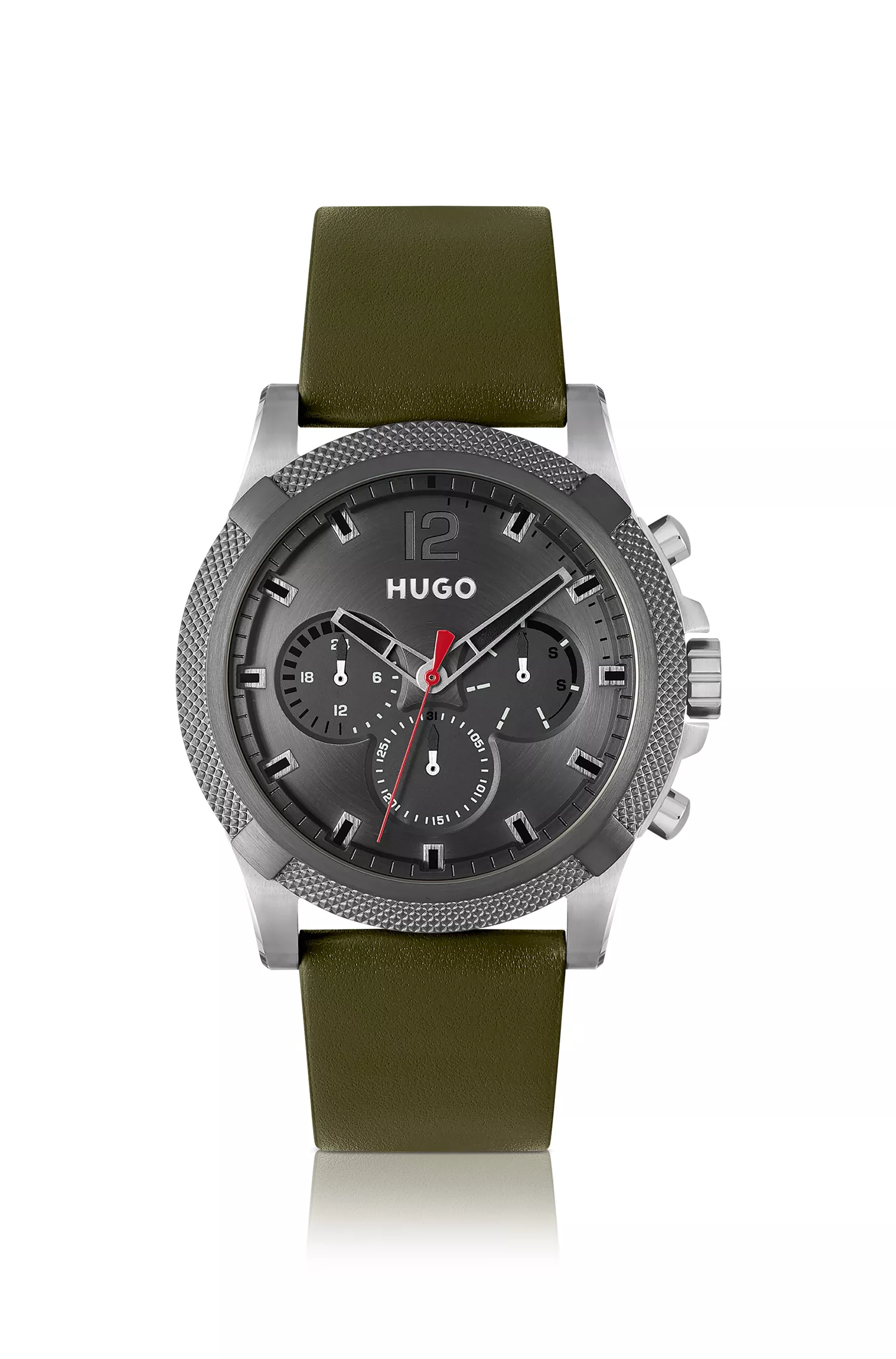 Relógio HUGO Red-Multi-eye com pulseira de couro verde-oliva