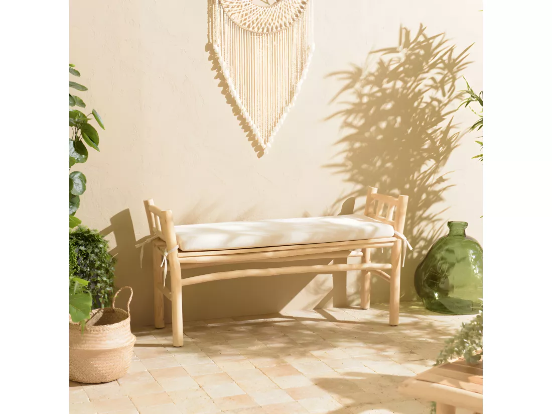 WILL - Banc en branches de teck naturel coussin blanc