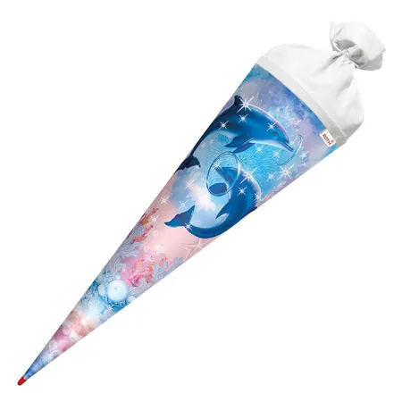 Roth Motiv-Schultüte, Delfine, 70cm, rund, Rot(h)-Spitze, Filzverschluss, Glitter