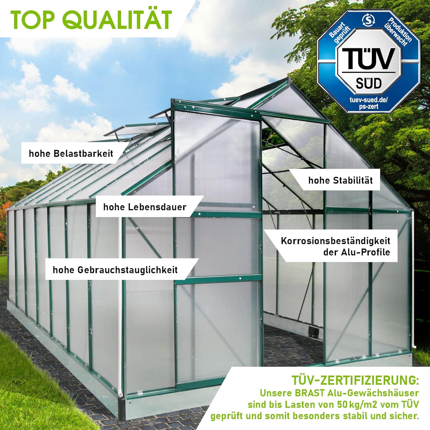 BRAST Gewächshaus Aluminium mit Fundament | 42 Modelle | 130x190x195cm - 490x250x235cm | TÜV geprüft | 6mm Hohlkammerplatten | rostfrei wetterfest temperaturbeständig | 430x250x205cm Grün
