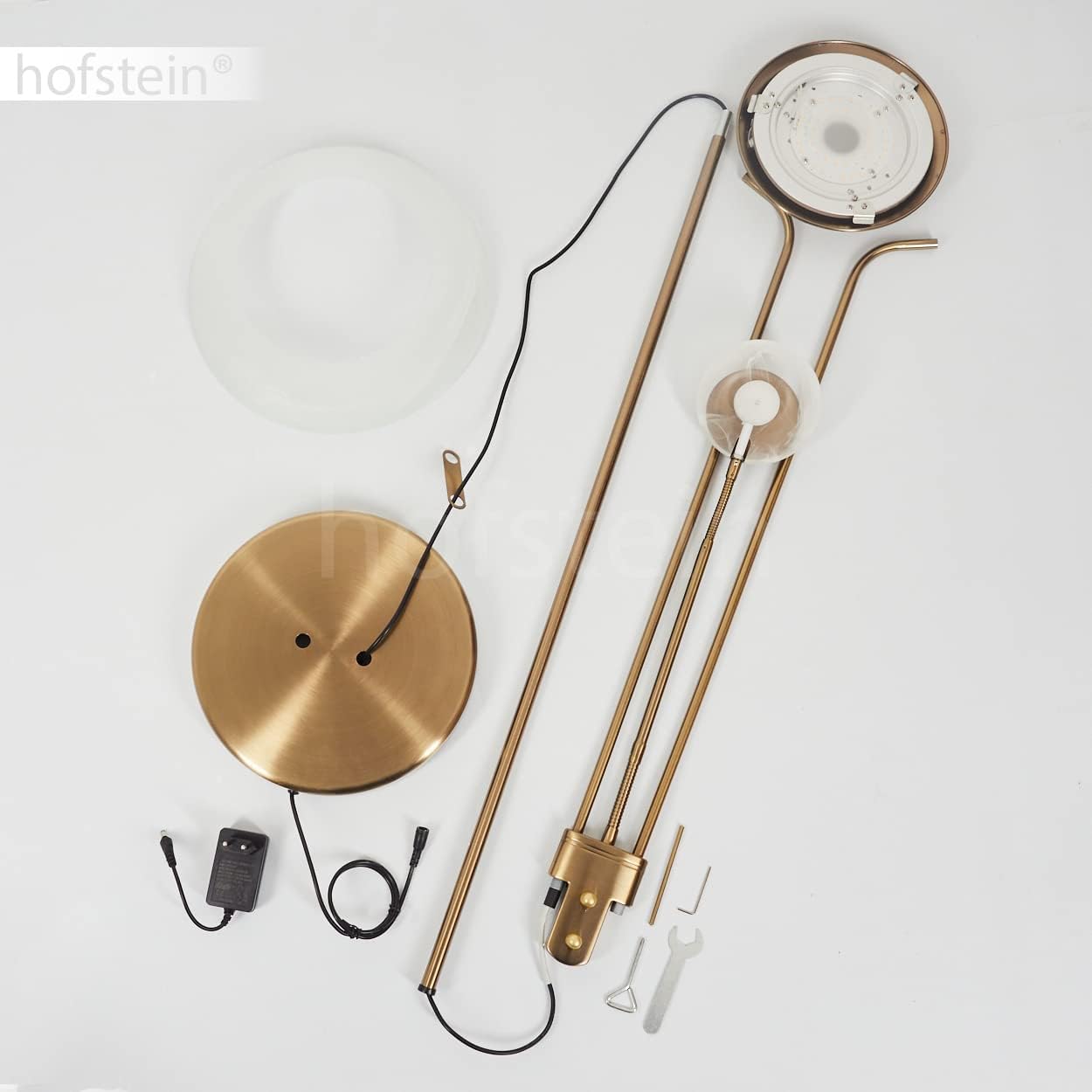 LED Stehlampe Biot, moderne Stehleuchte aus Metall in Altmessing, 18 u. 5 Watt, 1620 u. 450 Lumen, Lichtfarbe 3000 Kelvin, Standleuchte mit Dimmer u. verstellbarem Lesearm, mit Fußschalter am Kabel