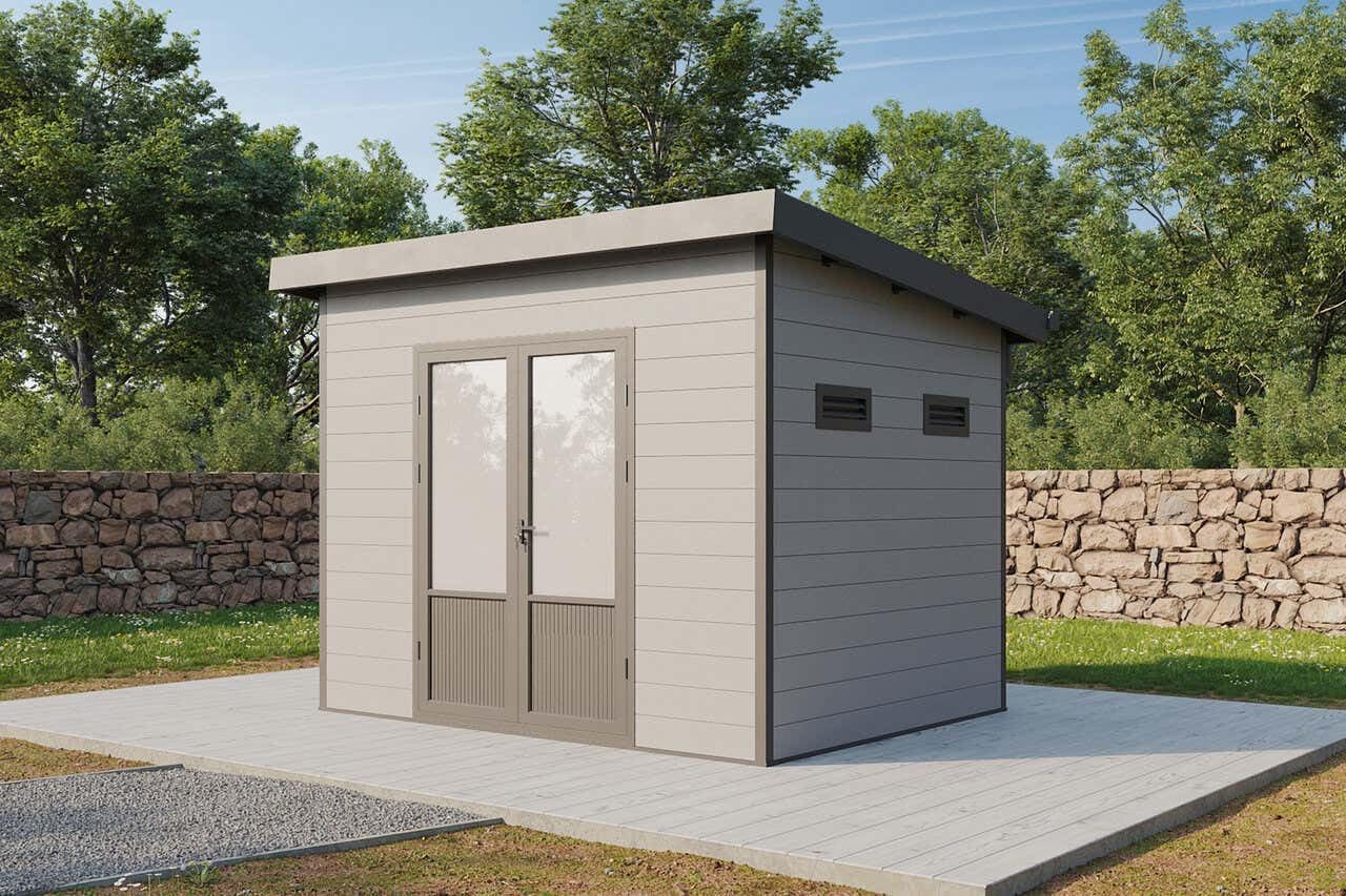 Finnhaus Wolff WPC Gerätehaus Terra 3024 28 Anthrazit/Hellgrau Gerätehaus aus Holz/Kunststoff, Geräteschrank mit 28 mm Wandstärke Gartenhaus