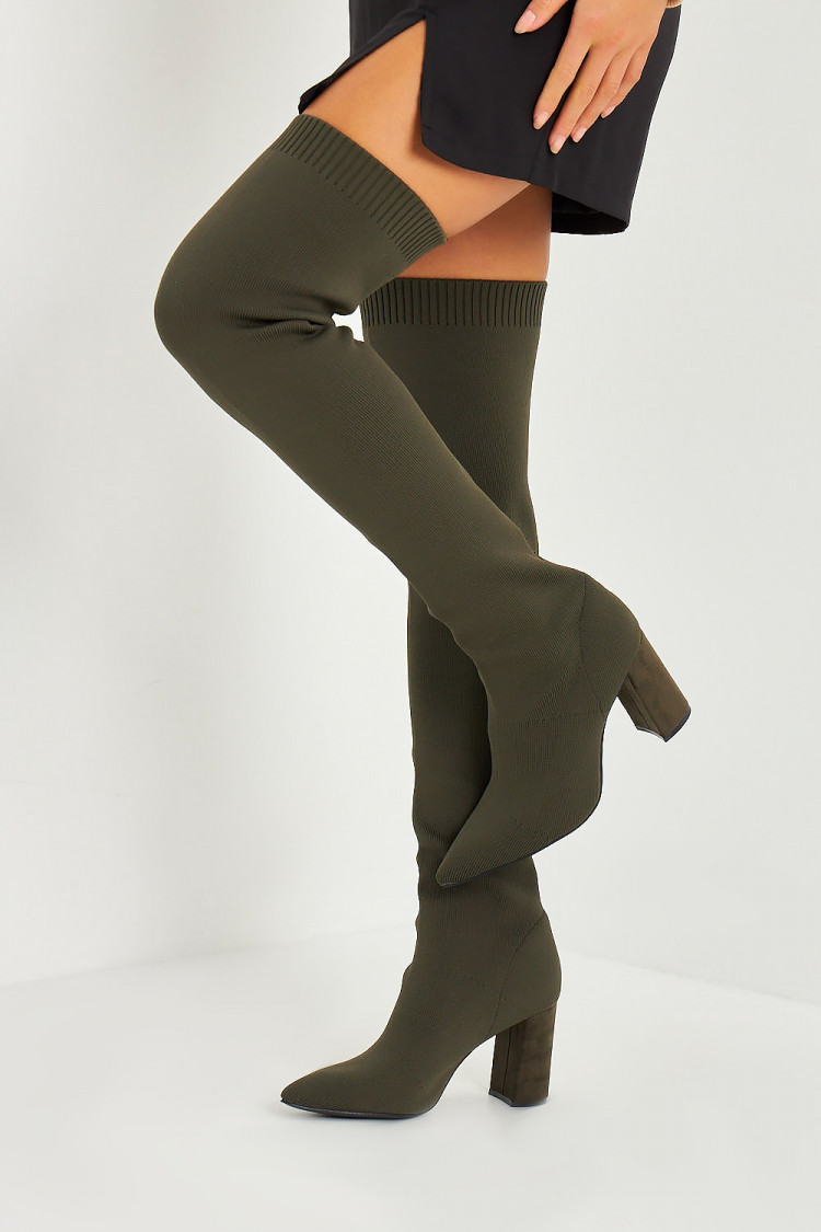 Cuissardes chaussettes kaki à talons bloc