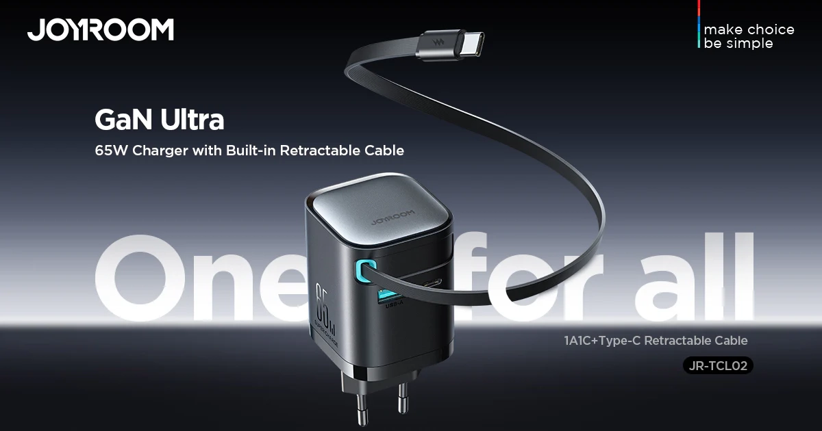 (65W) 3in1 2x USB C / 1x USB A GaN Ladegerät Netzteil mit ausziehbarem Ladekabel Power Delivery   Netzkabel (JR-TCL02) - Schwarz