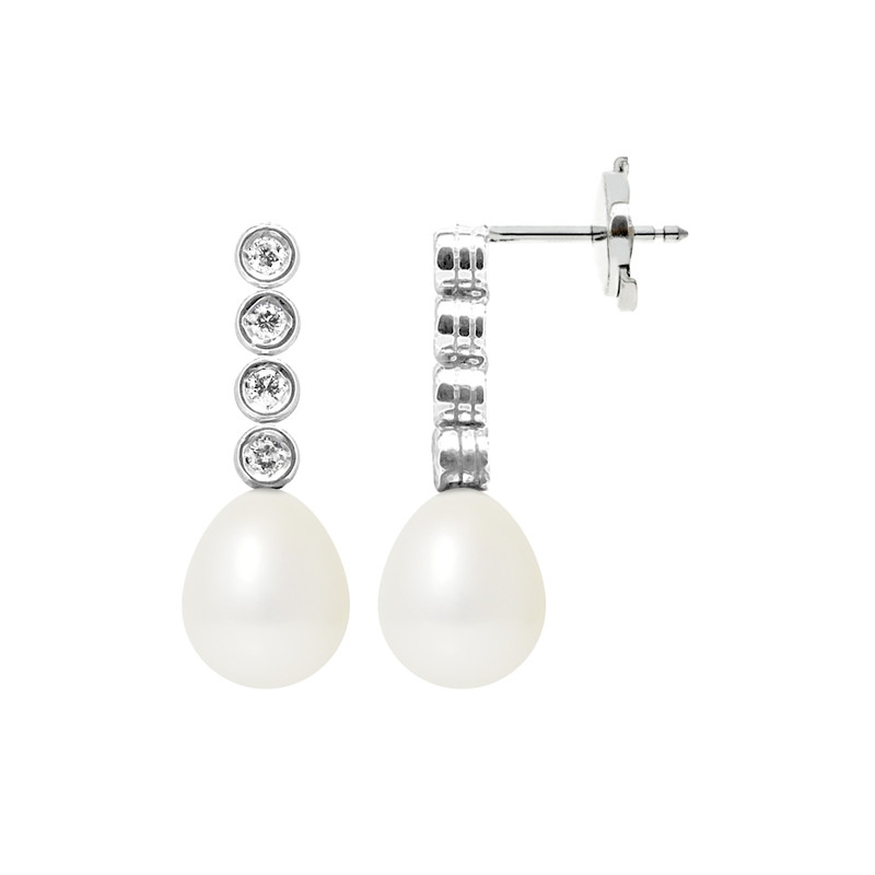 Boucles d'Oreilles Perles de Culture Blanches, Diamants et Or Blanc 750/1000