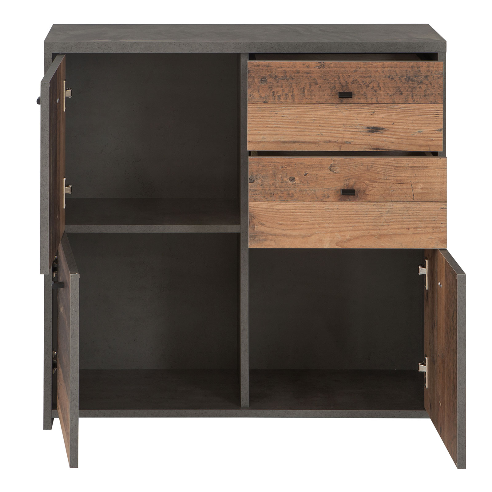 Kommode - Betonoptik-Old Wood Vintage - 77 cm breit - 3 Türen - 2 Schubkästen