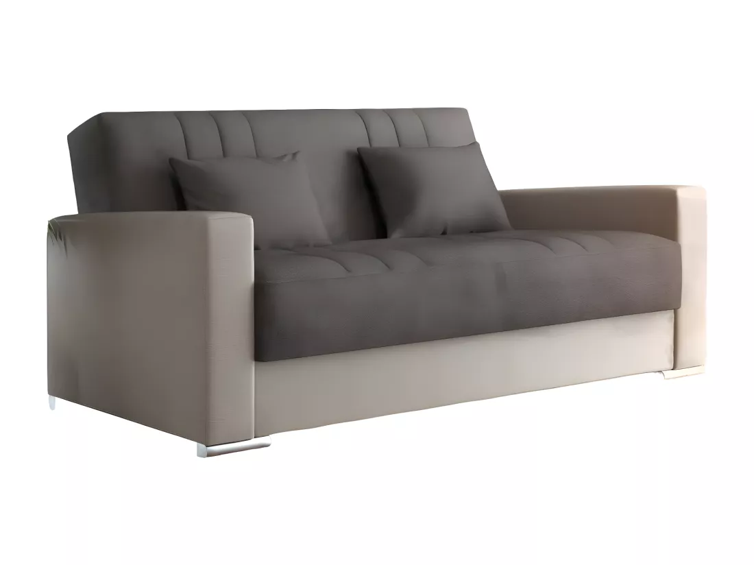 Canapé Sergio, Canapé conteneur 3 places en éco-cuir et tissu, Canapé de salon avec ouverture clic-clac et 2 coussins inclus, 230x96h101 cm, Beige et Gris